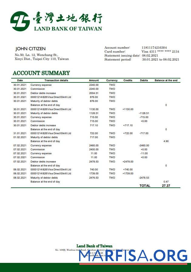 Blank Taiwan Land Bank of Taiwan bank statement word sample